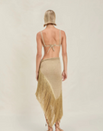 Shimmer metallic sarong skirt
Fringe detailing at hem
Can also convert into a top
gold shimmer cover up skirt
gold sarong