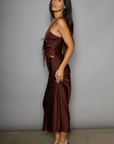Satin maxi dress. Adjustable straps. Front tie closures. Side hook and eye and zipper closures. Unlined. brown satin midi dress. brown maxi satin dress. fall dress. fall wedding guest dress