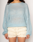 Fuzzy open knit crochet sweater. Boatneck. Long sleeves. Unlined. baby blue sweater. spring sweater. cute spring outfit.
