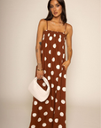Linen polka dot maxi dress
Side pockets
Adjustable straps
Smocked bust hem
Unlined
brown and white polka dot maxi dress