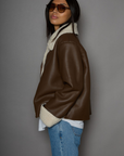 brown Faux leather jacket. Faux Sherpa trim and lining. Front zipper closure. Side pockets. winter jacket. winter coat. fall jacket. fall coat.