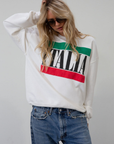 Graphic printed knit sweatshirt. Crewneck. Banded hems. Fleece lined. Italy sweatshirt. italia sweatshirt