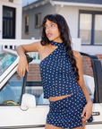 blue and white Polka dot mini skirt
Mini slit
Side zipper closure
Lined
spring outfit