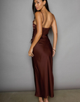 Satin maxi dress. Adjustable straps. Front tie closures. Side hook and eye and zipper closures. Unlined. brown satin midi dress. brown maxi satin dress. fall dress. fall wedding guest dress