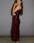 burgundy Sequin maxi dress. Elastic straps. Back hook and eye and zipper closures. Back slit. Fully lined. holiday outfit. holiday dress. holiday inspo