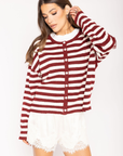 Striped cardigan
Long sleeve
Button down closure
Crew neckline
Unlined
burgundy ivory striped cardigan
christmas sweater
christmas outfit