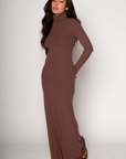 Ribbed knit maxi dress. Turtleneck. Long sleeves. Unlined. brown maxi dress. brown turtle neck maxi dress