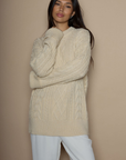 Cable knit sweater dress. Crewneck. Long cuffed sleeves. Unlined. beige sweater dress. fall sweater dress. holiday look