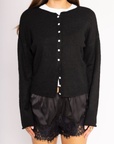 black Knit long sleeve cardigan
Rolled collar
Button down closure
Unlined
black cardgian