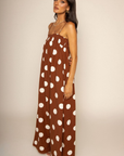 Linen polka dot maxi dress
Side pockets
Adjustable straps
Smocked bust hem
Unlined
brown and white polka dot maxi dress