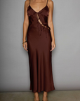 Satin maxi dress. Adjustable straps. Front tie closures. Side hook and eye and zipper closures. Unlined. brown satin midi dress. brown maxi satin dress. fall dress. fall wedding guest dress