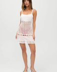 Exclusively from the JENNIE x Frankies Bikinis collaboration
white Handcrafted knit crochet mini dress coverup
Sleeveless
Crafted from 100% cotton with crochet detailing throughout
Slip-on style
Thread-through tie detail across the straps
Snug fit
Lined at bust, sheer through body and skirt