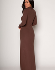 Ribbed knit maxi dress. Turtleneck. Long sleeves. Unlined. brown maxi dress. brown turtle neck maxi dress