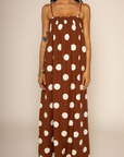 Linen polka dot maxi dress
Side pockets
Adjustable straps
Smocked bust hem
Unlined
brown and white polka dot maxi dress