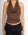 brown Cowl neck halter top
Fixed strap
Partially lined
going out top
fall top
fall going out top
fall outfit