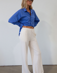 Ribbed knit pants. Elastic waistband. Side pockets. Unlined. causal pant. fall pant. cream casual pant