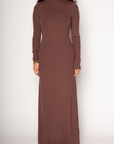 Ribbed knit maxi dress. Turtleneck. Long sleeves. Unlined. brown maxi dress. brown turtle neck maxi dress