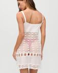Exclusively from the JENNIE x Frankies Bikinis collaboration
white Handcrafted knit crochet mini dress coverup
Sleeveless
Crafted from 100% cotton with crochet detailing throughout
Slip-on style
Thread-through tie detail across the straps
Snug fit
Lined at bust, sheer through body and skirt