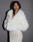 Faux fur coat. Collar neckline. Open front. Side pockets. Fully lined. white fur coat. white faux fur coat. holiday look. holiday inspo. holiday outfit