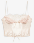 cream Sleek satin bustier with lace detailing
Fully boned bodice
Adjustable lace-up back
Skinny tie bow
Rosette adornments
Lined at cups
Adjustable shoulder straps
Polyester/Elastane
cream ligneire bustier top