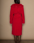 Faux sherpa longline coat. Faux fur collar neckline. Front snap button closure. Tie waist. Side pockets. Back slit. Fully lined. red fur coat. fall outfit. cute winter coat. trendy winter coat.