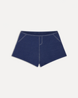 blue Denim bikini shorts
Medium coverage
White stitching
Back leather patch