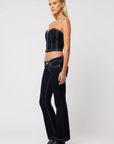 Structured strapless bustier crop top
Dark rinse wash
Sculpted princess neckline
Front zip closure
Contrast stitching
Stretch denim
Make sure to buy it tight or true to size as the denim will relax over time
Length: 10.5"
Cotton/Polyester/Elastane
