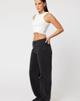Relaxed fit straight leg jeans. Mid rise. Button and zipper fly. Five pocket construction. Unlined. black denim jeans.