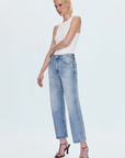 Faded straight leg jeans
Mid rise bowed straight leg jeans
No stretch
Button and zipper fly
Five pocket construction
Rise: 10" / Inseam: 29" / Leg Opening: 17.5"
Cotton
mid to light wash denim jeans