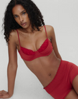 red Underwire bikini top
Ruffle neckline
Adjustable shoulder straps and back ties
Chiffon fabric over bust