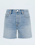 High-rise cut-off shorts
Rigid denim shorts
Relaxed vintage feel
Light medium wash
Raw hem