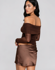 Long sleeve off the shoulder mini dress
Mesh upper
Satin skirt
Side zipper closure
Partially lined
brown mini dress
long sleeve mesh mini dress
holiday mini dress