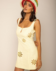 Linen mini dress
Floral cut outs
Front key hole opening
Back zipper closure
Unlined