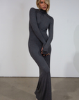Ribbed knit maxi dress. Turtleneck. Long sleeves. Unlined. grey turtleneck maxi dress. fall dress. friendsgiving dress. thanksgiving dress.