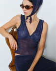 Mesh polka dot tank top with head scarf
V-neck neckline
Ruffle trim
Navy blue polka dot mesh top
fall outfit
fall top
