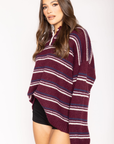 Fuzzy striped collared oversized sweater
Long sleeve
3/4 button up closure
Unlined
burgundy striped knit sweater