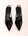 Pointed pump heel
High stiletto heel
Closed pointed toe
Sling back strap with elasticated side gusset
Exposed heel counter
Synthetic upper, lining and outsole
Heel height 9.5 cm
Black pointed heel