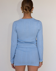 blue knit cardigan and mini skirt set
summer knit set
spring knit set