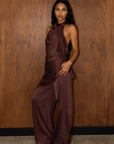 brown Satin set
brown high neck halter top
low back
brown satin wide leg pant
Elastic waistband
unlined