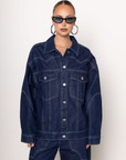 Oversized denim button up jacket
Collared
Button down closure
2 front pockets
Western contrast stitching
Unlined
dark denim jacket
cute western wear