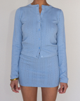 blue knit cardigan and mini skirt set
summer knit set
spring knit set