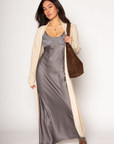 Tan Crochet knit longline cardigan. Open front. Tie waist. Unlined. long cardigan