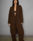 Faux sherpa longline cardigan. Long sleeves. Open front. Tie waist. Unlined. teddy bear sherpa robe cardigan. cozy lounge outfit. fall outfit. winter outfit. lazy at home outfit
