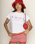white Bikini graphic baby short sleeve tee
Crew neckline
Unlined