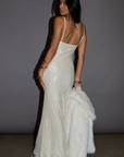 white Sequin knit maxi dress. cream Sequin knit maxi dress. Adjustable straps. Side hook and eye and zipper closures. Fully lined. holiday look. holiday outfit. christmas outfit. new years outfit