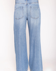 Low slung palazzo jeans
Button and zipper fly
Five pocket construction
Unlined
No stretch
Medium wash denim jeans
