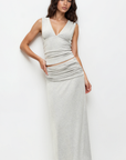 grey V neck tank top
V neckline in front and back
Ruched detailing
Unlined
Length: 21"
Rayon/Spandex