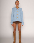 BLUE Chunky cable knit cardigan
Front button down closure
Unlined