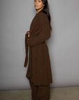 Faux sherpa longline cardigan. Long sleeves. Open front. Tie waist. Unlined. teddy bear sherpa robe cardigan. cozy lounge outfit. fall outfit. winter outfit. lazy at home outfit