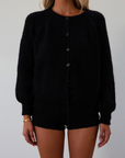 Fuzzy black crochet knit cardigan. Front button down closure. black sweater cardigan. fall outfit. fall transition